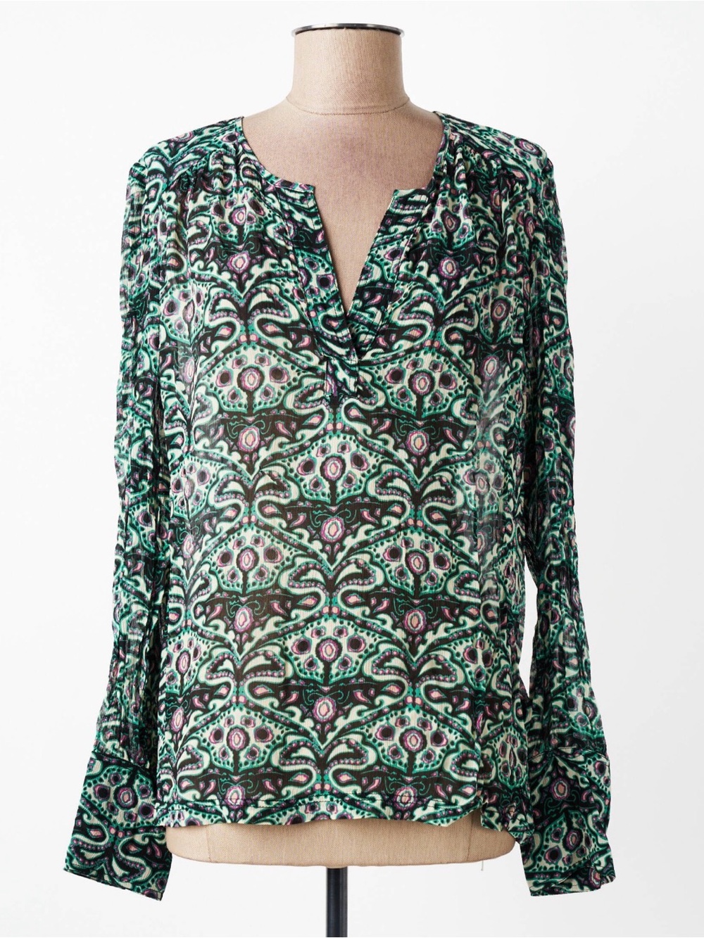 ba&sh FEL Viscose Georgette Green Paisley Long-Sleeve V-Neck Blouse Medium - Picture 2 of 9